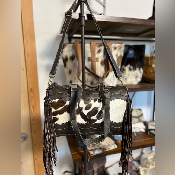 Unique New Western Genuine Embossed Leather Cowhide Fringe Tassel Bag Crossbody - Picture 1 of 12